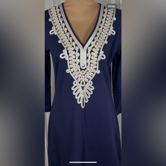 Lilly Pulitzer Clarkson Navy gold trim white scroll 3/4 sleeve dress Embroidered - Picture 8 of 12